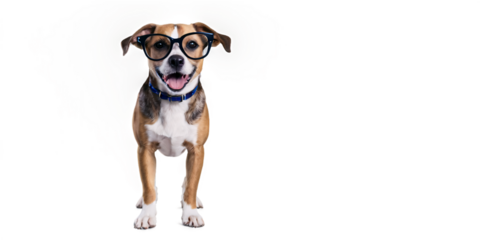 A happy, light brown dog wearing stylish sunglasses smiles, exuding a cool and cheerful vibe
