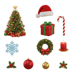 A full 3D Christmas icon collection featuring all classic elements such as tree, gifts, ornaments, and Santa hat, perfect for premium holiday designs, Ai Generate.