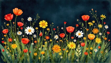 Loose, expressive watercolor study of vibrant wildflowers scattered across a sunlit meadow An expressive watercolor painting of a sunlit meadow filled with a variety of vibrant wildflowers. The style