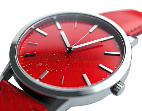 Close-up of a wristwatch, showcasing a vibrant red face, silver hands, and matching red strap
