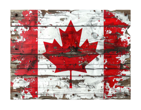 A distressed, wooden panel displays a worn, patriotic emblem with a prominent red maple leaf