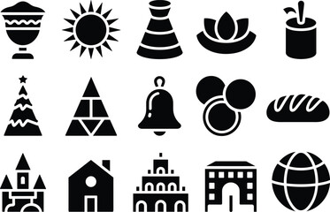 Collection of bold black and white icon symbols including sun lotus tree building bell and geometric minimal design elements