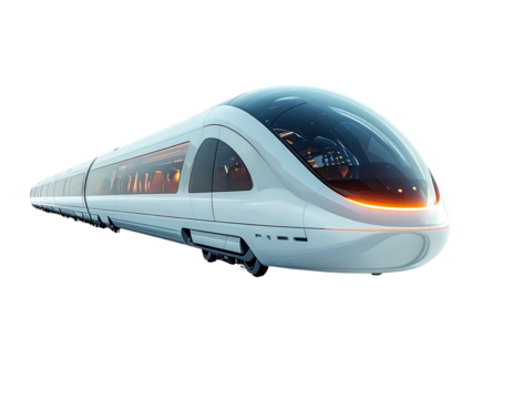 Sleek, futuristic high-speed passenger train with streamlined design isolated on a black background