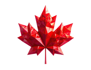 A stylized, faceted red maple leaf, centered on a black background, geometric design