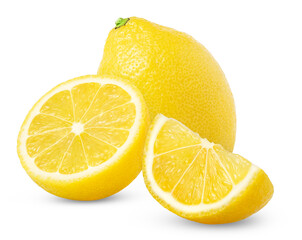 Natural lemon fruit with sliced and isolated. Cut in a half of lemon with clipping path.