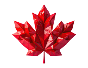 A vibrant, glossy red maple leaf rendered in a geometric, polygonal style on a black background