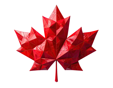 A striking, stylized, faceted, red leaf with intricate geometric shapes, isolated on black