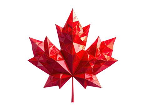 A stylized, faceted red maple leaf, centered on a black background, geometric design