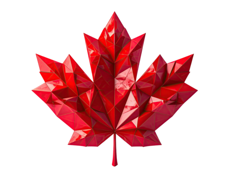 A vibrant, glossy red maple leaf rendered in a geometric, polygonal style on a black background