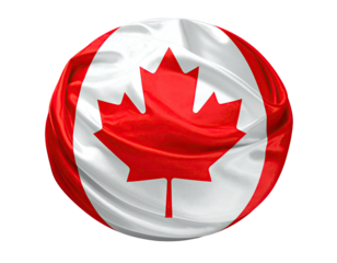 A 3D sphere displaying the iconic red maple leaf on a white and red flag with silk-like folds
