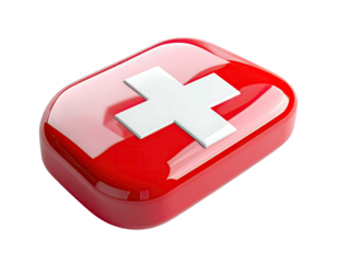 A red and shiny rectangular first aid kit with a white cross on top, against black