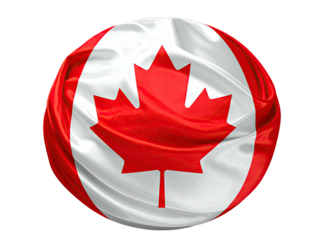 A 3D sphere displaying the iconic red maple leaf on a white and red flag with silk-like folds