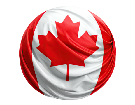A glossy globe, reflecting a draped Canadian flag in red and white with a central maple leaf