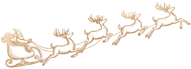 Magical wooden sleigh with four flying reindeer against dark night sky