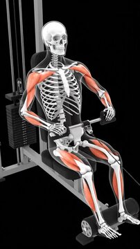 Dynamic Anatomical Animation of a Skeleton Performing a Seated Cable Row Exercise Highlighting Muscle Engagement.