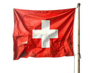 The Swiss flag, a red cloth with a white cross, is blowing in the wind against a black backdrop