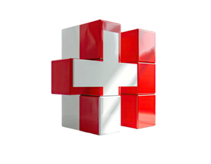 A 3D rendering of a complex cross constructed from glossy red and white cuboid blocks, set against black