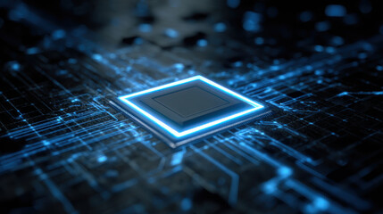 Glowing blue circuit board with central chip, surrounded by luminous grid, conveys futuristic and technological feel
