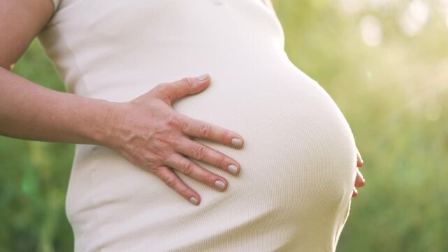Pregnant woman cradling belly with hand resting on bump maternity pregnancy mother outdoor sunlight nature green meadow serene nurturing touch gentle care warmth and calm health love bond hope