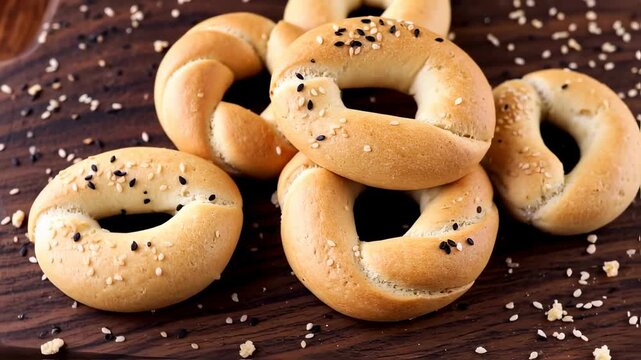 Close-up of several bagels with sesame and black seeds on a dark wooden board