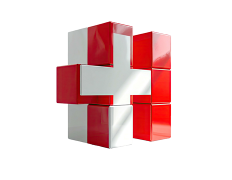 A 3D rendering of a complex cross constructed from glossy red and white cuboid blocks, set against black