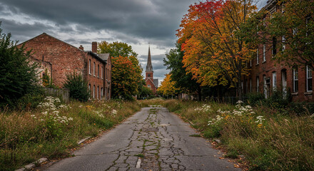 Overgrown Street Leading to Church in Abandoned Autumn Town ghost town forgotten