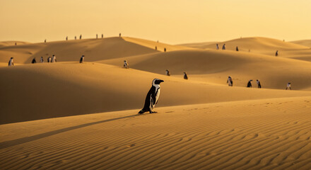 Penguin standing on sand dune in desert at sunset sand dunes wildlife