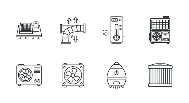 Collection of industrial hvac and air quality equipment icons set outline style vector