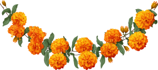 Vibrant orange marigold flower garland with green leaf conveys joyous festival