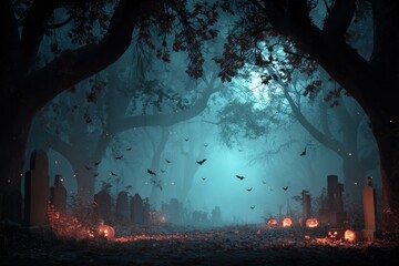 Haunted forest graveyard with bats and scary trees, pumpkins glowing, spooky Halloween background