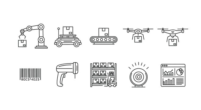 Modern industrial technology icons set robotic arm drone barcode scanner and warehouse automation elements vector