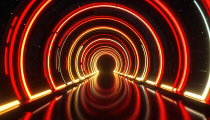 Vibrant Neon Tunnel with Glowing Lights and Reflected Surface