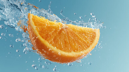 Fresh orange wedges frozen motion with one dynamic water splash
