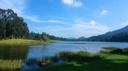 Serene Landscape with a Clear Blue Lake Surrounded by Lush Green Forests, Displaying the Untouched Beauty of Nature and the Significance of Environmental Conservation