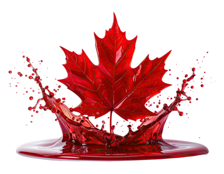 Vivid red maple leaf emerging from a liquid splash, a symbol of nature and celebration