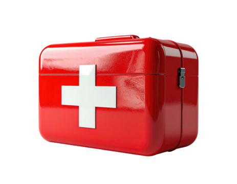 A glossy red first aid kit, emblazoned with a white cross, against a black background - Powered by Adobe