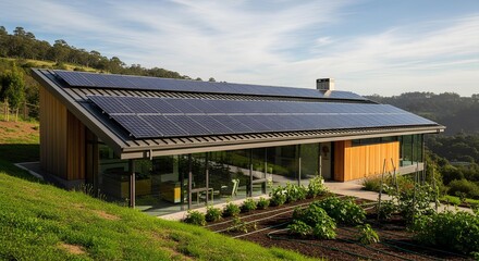 Fototapeta premium Modern house with rooftop solar panels surrounded by garden