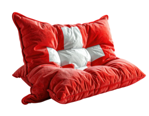 A plush, overstuffed pillow with a red background and a white cross design, positioned against black