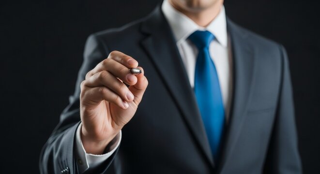 Corporate vision Businessman drawing future ideas on glass interface with dark.