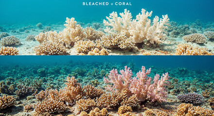 Split image showing bleached coral and healthy vibrant coral reef healthy coral ocean
