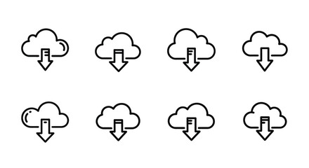 Set of cloud download icons with arrows symbolizing data transfer and cloud storage vector