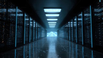 Futuristic server room with neon blue lighting and cloud computing visualization creates high tech atmosphere