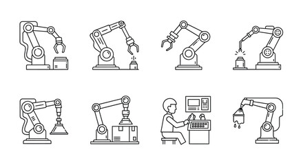 Robotic arms collection industrial automation technology line art set manufacturing engineering mechanical components vector