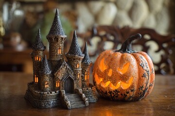 Haunted Halloween castle and pumpkin, spooky d?(C)cor