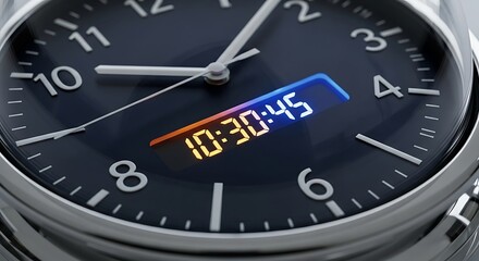 Fototapeta premium Modern hybrid smartwatch with analog hands and a colorful digital time display.