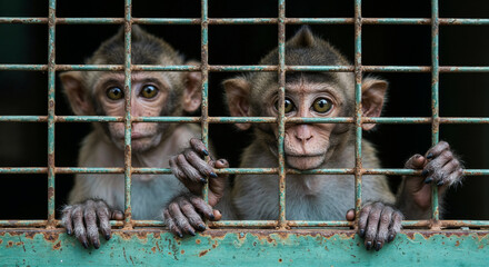 Two Young Monkeys Peeking Through Metal Cage Bars animal juvenile
