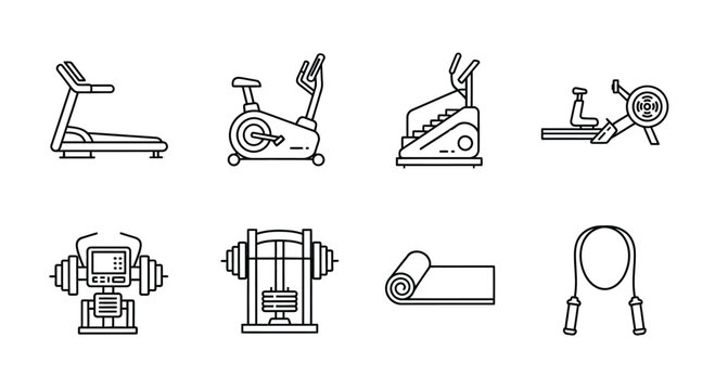 Collection of gym equipment icons for fitness workouts and exercise routines set vector
