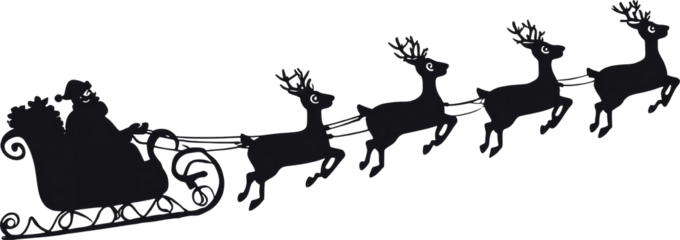 Santa sleigh with reindeer flying across Christmas holiday winter sky. Joyful silhouette