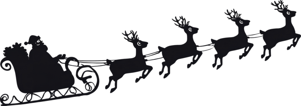 Santa sleigh with reindeer flying across Christmas holiday winter sky. Joyful silhouette