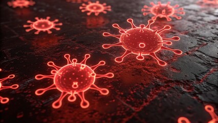 A visualization of stylized red viruses on a dark surface, representing microscopic pathogens in a digital art style.